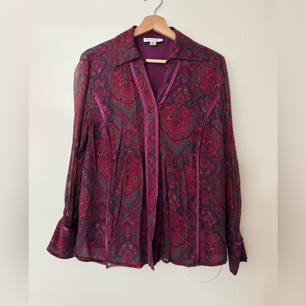 Coldwater Creek Silk Boho/Western Purple Paisley Button Up Blouse